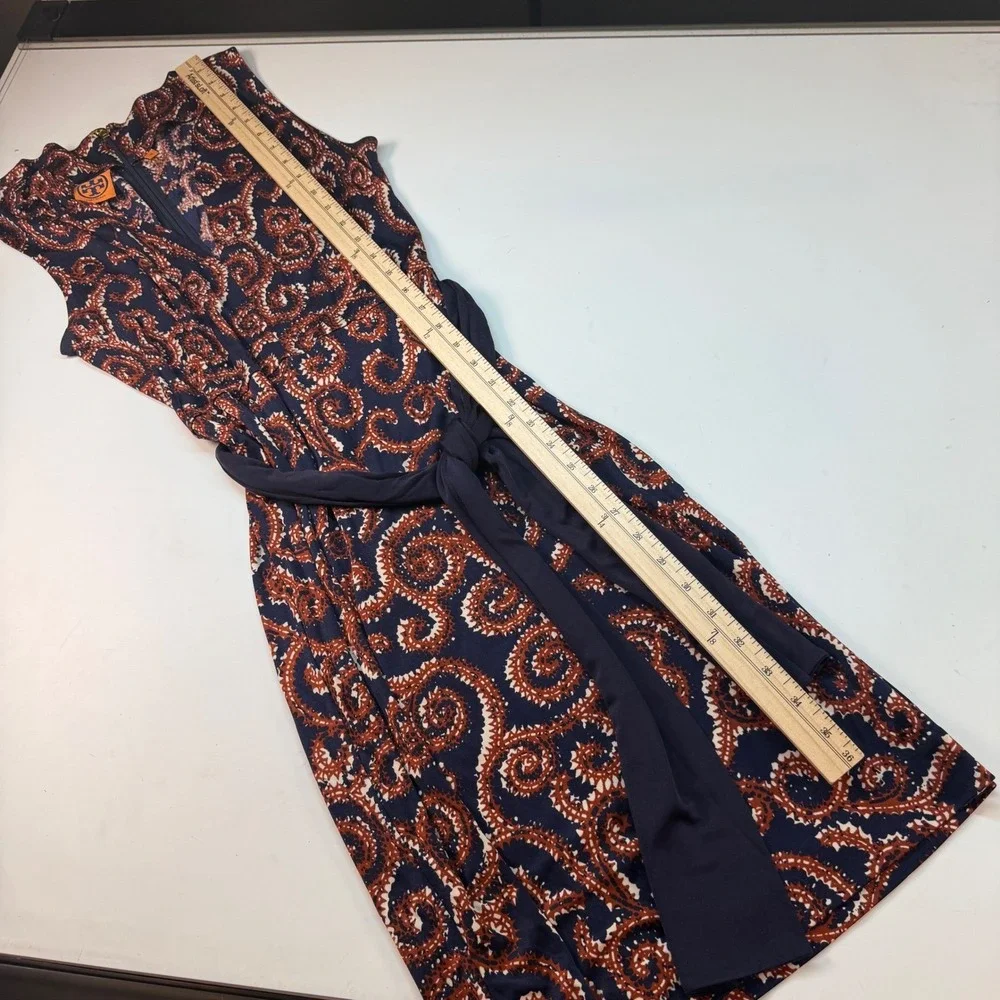 Tory Burch Silk Paisley Sheath Dress Size Medium Sleeveless Tie Waist Navy Rust